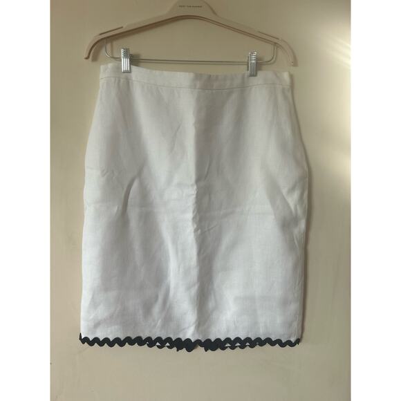 J Crew Pencil Midi Skirt 100% Linen Size 12 White w/ Navy Rickrack Trim Worn 1X - Picture 2 of 10